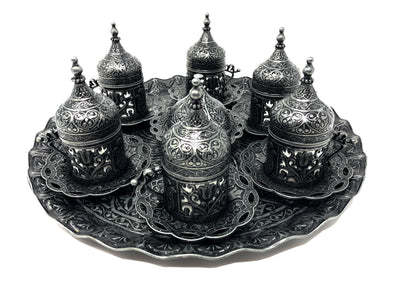 Konya Antique Silver Traditional Handmade Ottoman Metal Turkish Coffee Set