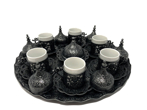 Konya Antique Silver Traditional Handmade Ottoman Metal Turkish Coffee Set