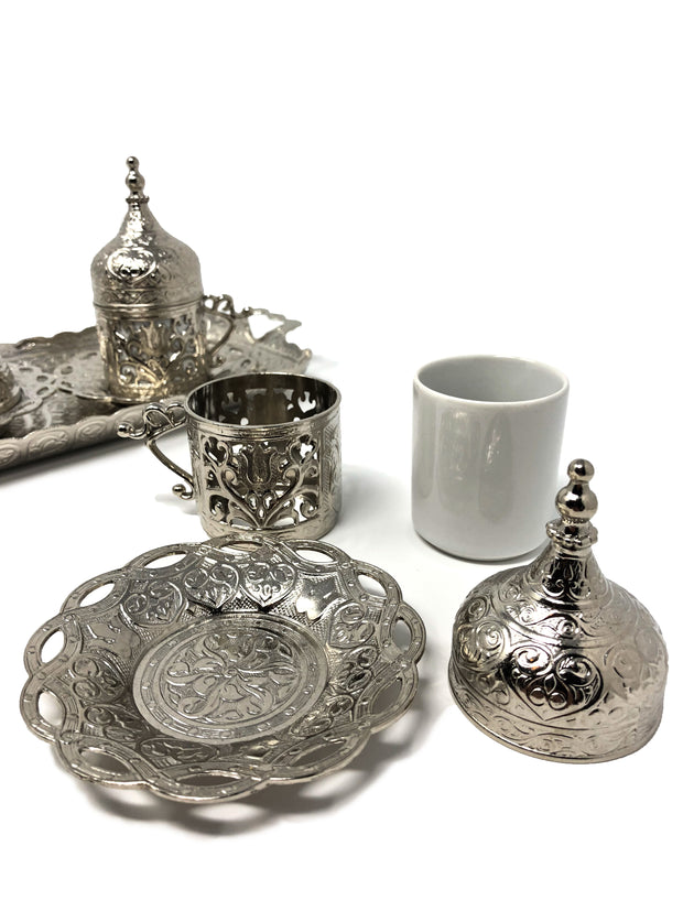 Sivas Silver Traditional Handmade Ottoman Metal Turkish Coffee Set
