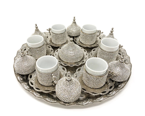 Sultan Crystal Coated Cup Handmade Copper Turkish Coffee Espresso Silver Serving Set