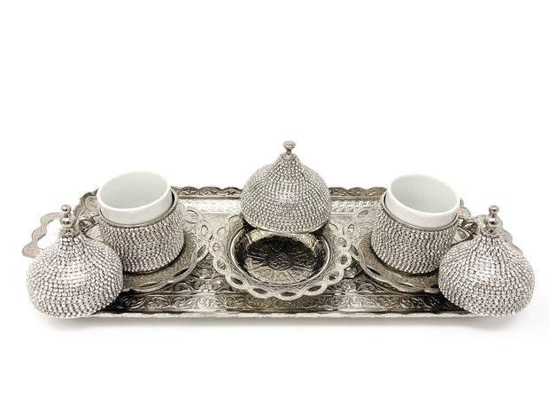 Sultana Crystal Coated Cup Handmade Copper Turkish Coffee Espresso Silver Serving Set