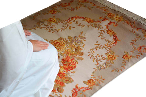 AYDIN Turkish Islamic Luxury Lavanta Large Prayer Rug Embroidered Floral Pattern- Orange