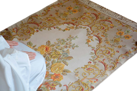 AYDIN Turkish Islamic Luxury Lavanta Large Prayer Rug Embroidered Floral Pattern- Yellow