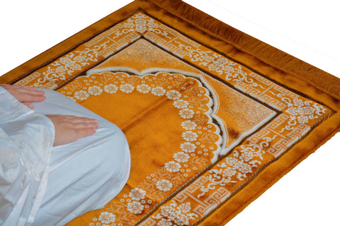 Lux Plush Velvet Prayer Rug Luxury Islamic Muslim Sajadah- Brown