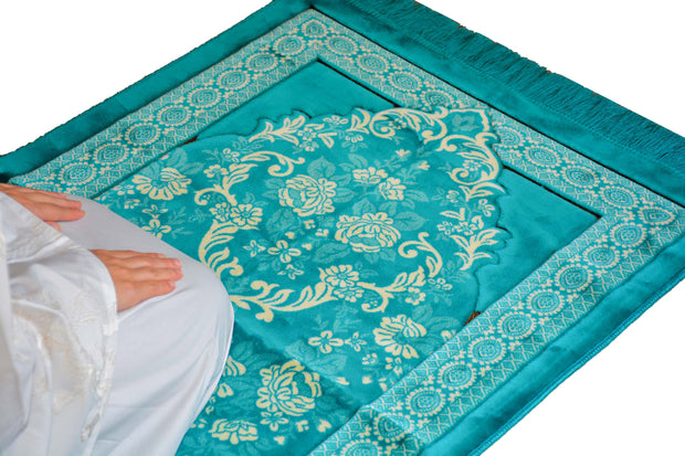 Lux Plush Velvet Prayer Rug Luxury Islamic Muslim Sajadah- Turquoise
