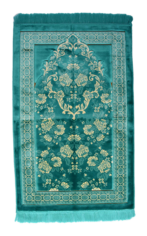 Lux Plush Velvet Prayer Rug Luxury Islamic Muslim Sajadah- Turquoise